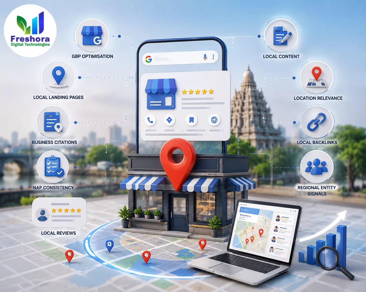 Local SEO illustration showing location-based search and business visibility