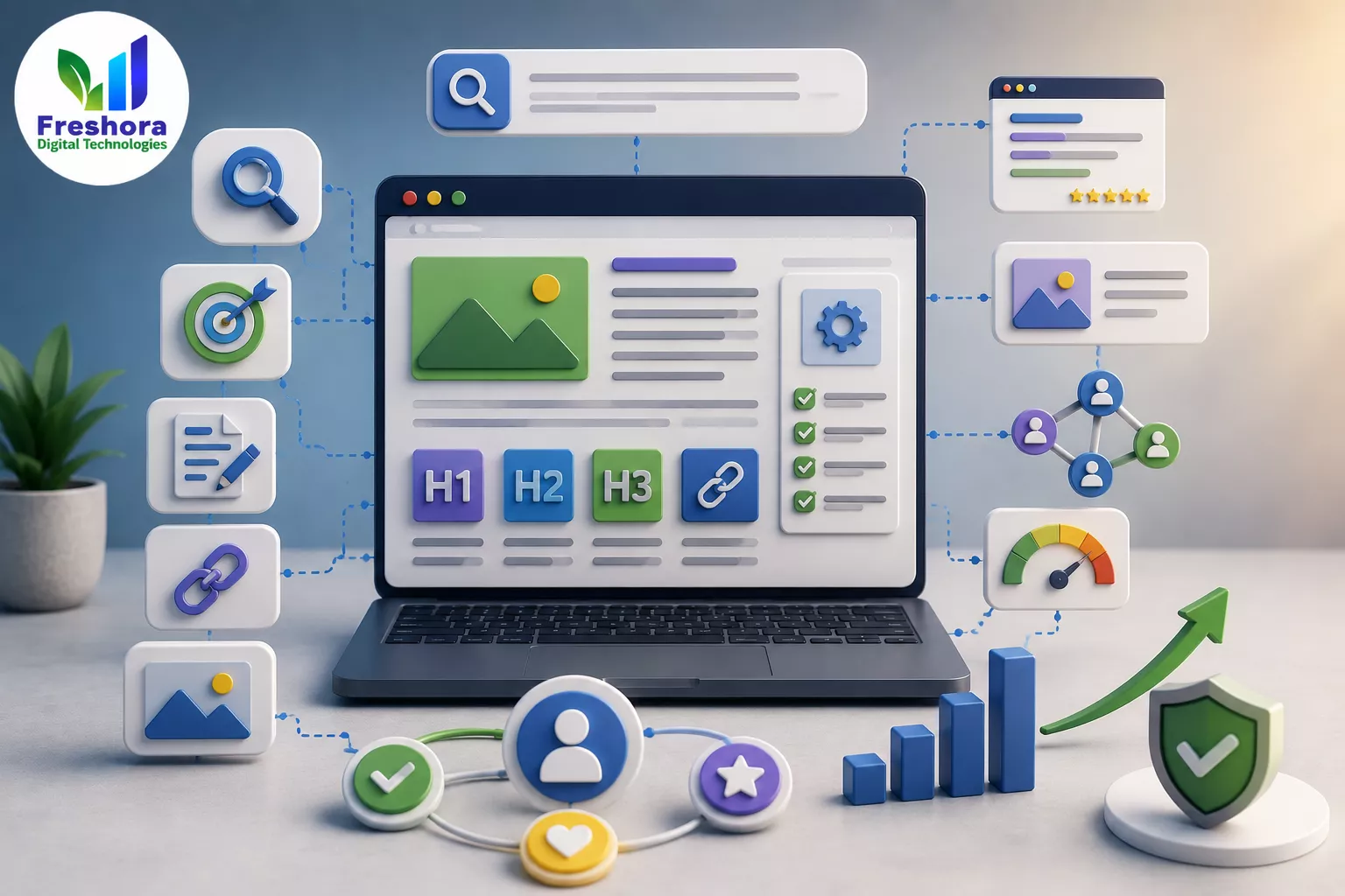 On-Page SEO illustration showing content structure and keywords