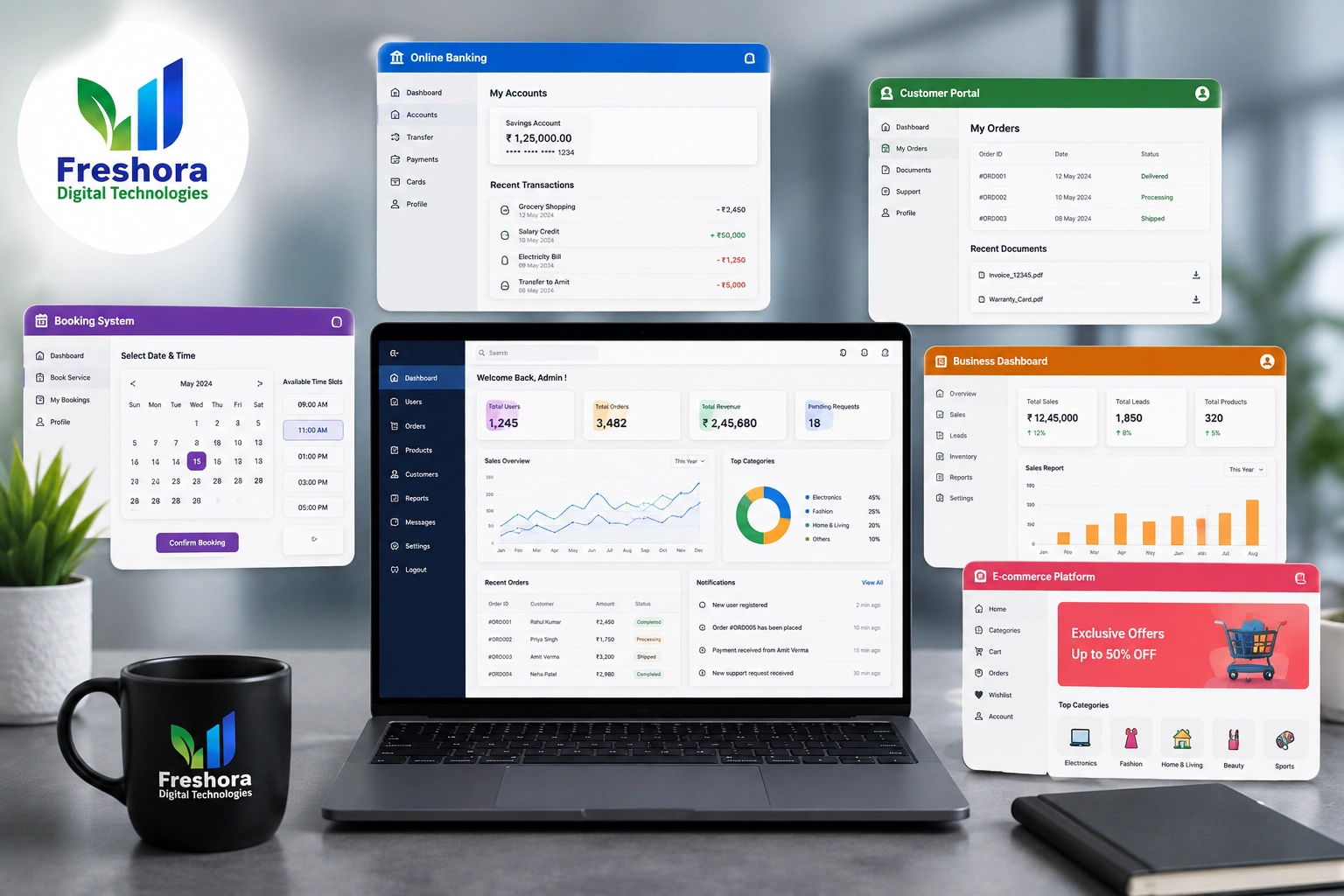 Examples of web applications including dashboards, portals and booking systems