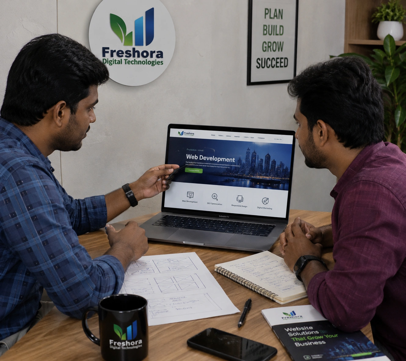Freshora Digital Technologies team planning a custom website development project in Trichy